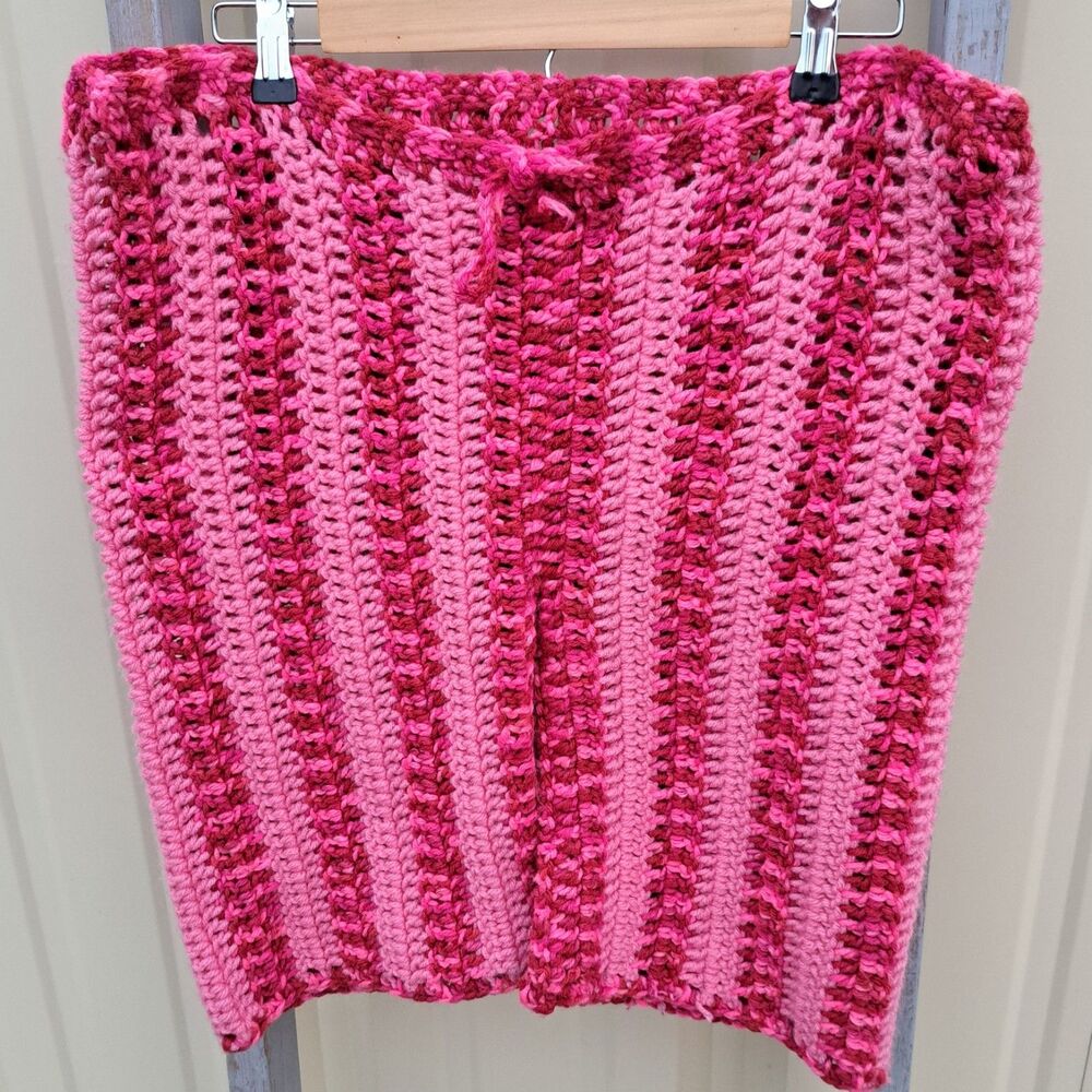 Handmade Pink Red Crochet Knit Large Adjustable Long Shorts Unisex Grandma Core